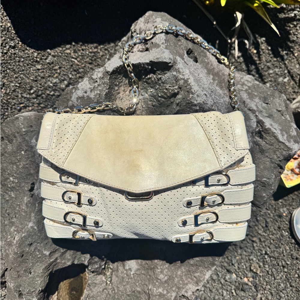 Jimmy Choo Egg Shell White Leather Perforated Shoulder Bag with Buckle Detail - Picture 9 of 17